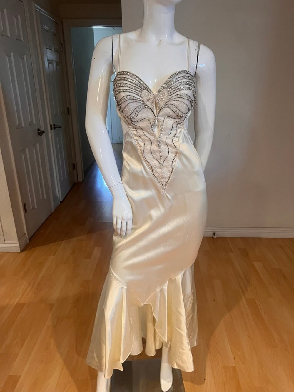 VINTAGE 90'S BEADED EMBELLISHED SATIN RUFFLE MIDI DRESS SZ 4 FAIRY WHIMSICAL